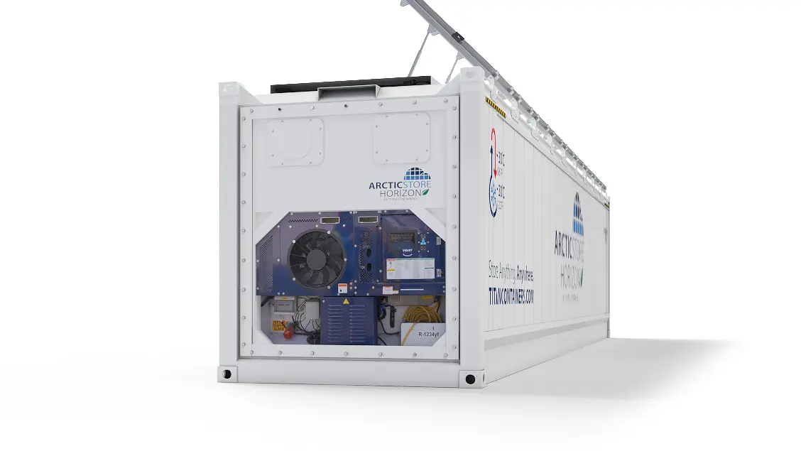 40ft ArcticStore Horizon backside with Solar Panels 45 degrees