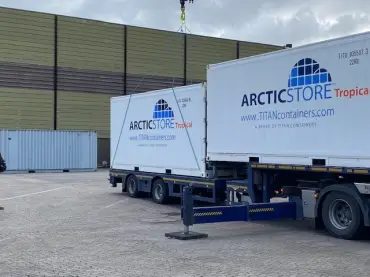 ArcticStore Tropical refrigerated container during transport and on-site installation by TITAN Containers.