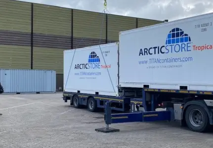 ArcticStore Tropical refrigerated container during transport and on-site installation by TITAN Containers.