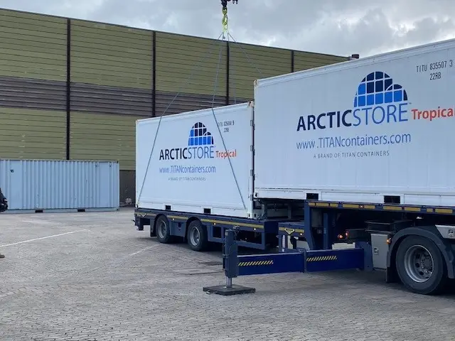ArcticStore Tropical refrigerated container during transport and on-site installation by TITAN Containers.
