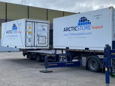 ArcticStore Tropical refrigerated container during transport and on-site installation by TITAN Containers.