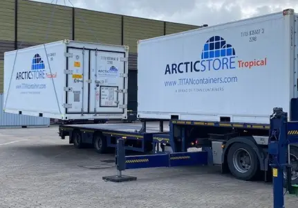ArcticStore Tropical refrigerated container during transport and on-site installation by TITAN Containers.