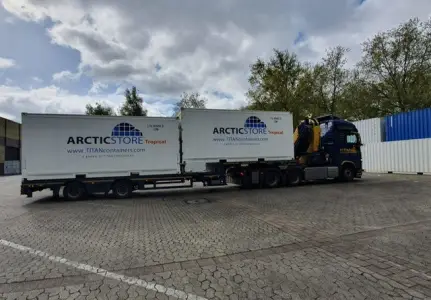 ArcticStore Tropical refrigerated container during transport and on-site installation by TITAN Containers.
