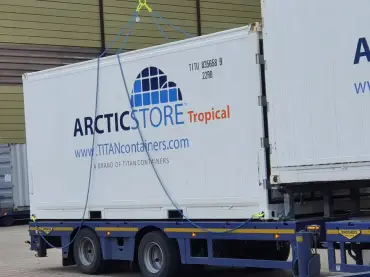 ArcticStore Tropical refrigerated container during transport and on-site installation by TITAN Containers.