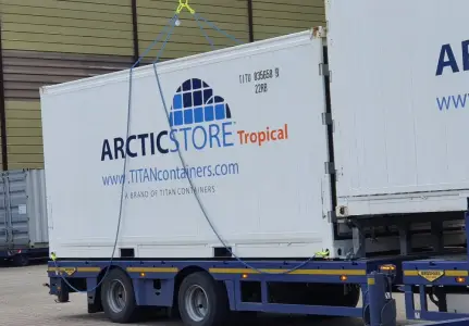 ArcticStore Tropical refrigerated container during transport and on-site installation by TITAN Containers.