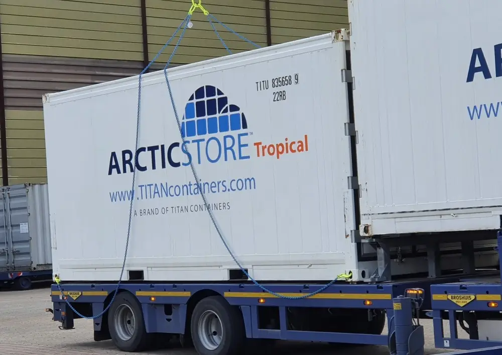ArcticStore Tropical refrigerated container during transport and on-site installation by TITAN Containers.