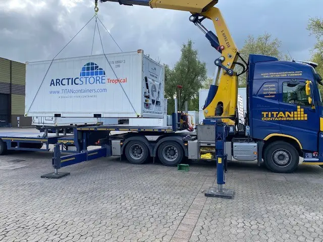 ArcticStore Tropical refrigerated container during transport and on-site installation by TITAN Containers.