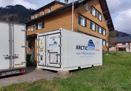 ArcticStore Tropical refrigerated container during transport and on-site installation by TITAN Containers.